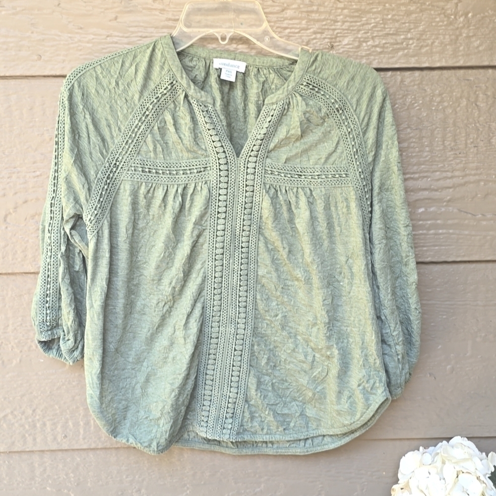Sundance Romance Crinkle Textured Top Crochet Lace V-neck Raglan Sleeves PXS